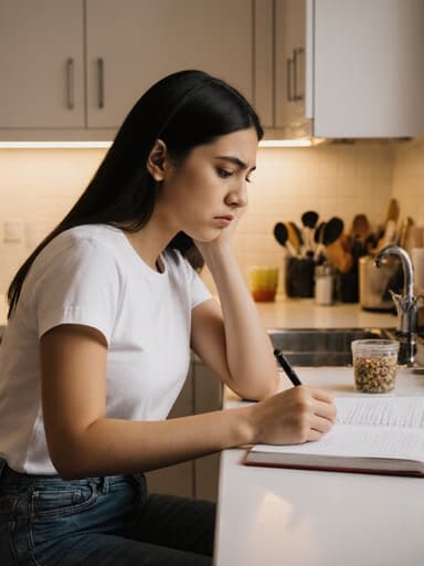 이미지는 캐주얼한 티셔츠와 청바지를 입은 10대 후반의 라틴계 소녀가 조리대 위에 있는 요리 노트에 필기를 하면서 걱정스러운 표정을 짓고 있는 모습을 보여줍니다. 따뜻한 조명과 정돈된 주방 배경이 아늑한 분위기를 자아내며, 그녀의 요리에 대한 헌신을 강조합니다.