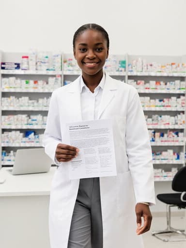 10대 초반의 아프리카계 여성 약사가 밝은 약국에서 고객을 자신감 있게 맞이하며 걸어가고 있습니다. 그녀는 흰색 실험복과 편안한 바지를 입고 있으며, 약품 정보를 담은 서류를 들고 있습니다. 배경에는 약품이 깔끔하게 정리된 선반과 상담 테이블이 있어 초대하는 분위기를 만들어냅니다.