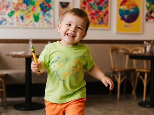 사랑스러운 외모를 가진 3세 백인 남성이 밝은 티셔츠와 반바지를 입고, 크레파스를 손에 쥐고 즐거운 표정으로 아늑한 카페를 걷고 있는 반신 샷. 다양한 그림들이 장식된 카페 내부는 어린 시절의 창의성과 행복의 본질을 포착합니다.