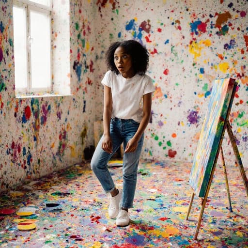 10대 초반의 흑인 여성 소녀가 편안한 티셔츠와 청바지를 입고, 화려한 캔버스를 바라보며 놀란 표정을 짓고 있는 모습이 담긴 반신 샷입니다. 그녀는 다양한 색상의 물감이 흩어져 있는 아트 스튜디오에서 작업 중이며, 신발을 신기 위해 한쪽 다리를 살짝 들어 올리고 있습니다. 자연광이 그녀의 창의적인 공간을 비추고 있습니다.