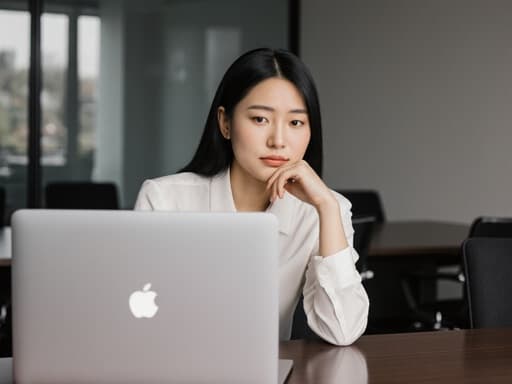 20대 동양인 여성의 반신 샷으로, 자연스러운 외모를 지닌 그녀가 회의실 테이블에 앉아 있습니다. 깔끔한 블라우스와 편안한 바지를 착용하고 있으며, 손으로 턱을 받치고 노트북을 바라보며 피곤한 표정을 짓고 있습니다. 배경은 온라인 강의를 듣기 위해 설정된 회의실입니다.