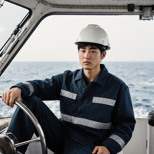 자신감 있는 10대 후반의 한국 남성이 어선 운항을 위한 작업복과 안전모를 착용한 채 반신을 촬영한 모습입니다. 그는 조타대를 잡고 앉아 다리를 뻗고 있으며, 배경에는 바다가 펼쳐져 있어 편안하면서도 전문적인 모습을 보여줍니다.