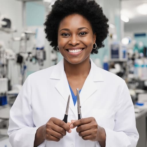 40대 아프리카계 여성이 흰색 실험복을 착용하고 동물 건강 관리 도구를 들고 미소짓고 있는 모습의 반신 사진, 조명이 잘 드는 수의사 진료실에서 전문성과 따뜻함을 발산하고 있습니다.