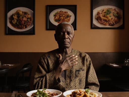 전통 의상을 입은 70대 아프리카계 남성이 따뜻한 카페 환경에서 외로운 표정을 짓고 정중하게 인사하는 손 제스처를 하고 있으며, 문화적인 요소들로 둘러싸여 있습니다.