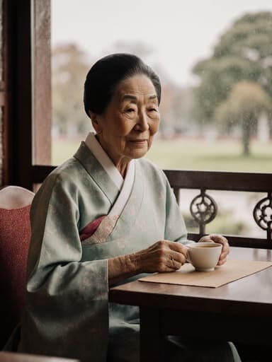 80대의 동양인 여성의 반신 사진으로, 전통 한복을 입고 차집 테이블에 앉아 있다. 그녀는 만족스러운 표정을 지으며 차를 마시고 있으며, 잔잔한 차집 내부와 공원이 보이는 풍경이 함께 담겨 있다.