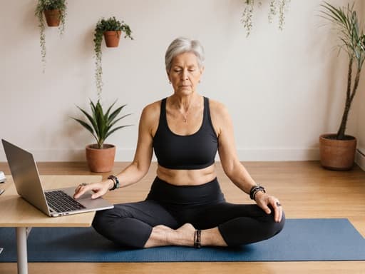 40대 한국 여성의 반신 사진으로, 자연스러운 외모를 지닌 모습이 조용한 명상 공간에 앉아 있습니다. 그녀는 편안한 요가복을 입고 있으며, 손목과 발목에 요가 액세서리를 착용하고 있습니다. 노트북 앞에 앉아 손가락이 키보드 위에 올려져 있고 당황한 표정을 지으며 약간의 긴장감이 느껴집니다. 배경은 자연광이 들어오고, 벽에는 식물이 배치되어 있으며, 바닥은 나무로 되어 있고 요가 매트가 깔려 있습니다. 전체적인 분위기는 평온하면서도 집중하는 느낌을 줍니다.