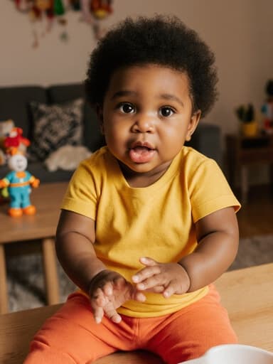 밝은 색상의 캐주얼한 의상을 입은 1세 아프리카계 여성 아기가 아늑한 거실의 테이블에 앉아 있습니다. 아기는 배고픈 표정을 지으며 입술을 쭉 내밀고 손을 씻으려는 자세를 취하고 있으며, 장난감과 소품들로 가득한 따뜻한 분위기 속에 있습니다.