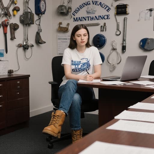 편안한 티셔츠와 청바지를 입고 작업화를 신은 자신감 있는 10대 후반 백인 여성이 회의실 테이블에 앉아 있습니다. 그녀는 노트북을 바라보거나 메모를 하며 편안한 표정을 짓고 있으며, 어선 정비 관련 자료들이 주변에 놓여 있어 전문적이고 집중된 분위기를 전달하고 있습니다.