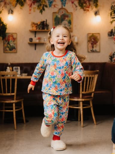 화사한 파자마와 슬리퍼를 착용한 7세 유럽계 소녀가 아늑한 카페에서 친구와 함께 뛰어가며 밝은 웃음을 짓고 있는 모습의 전신 사진. 따뜻한 조명과 아기자기한 인테리어가 조화를 이루며 아이들의 장난기 가득한 순간을 잘 표현하고 있습니다.
