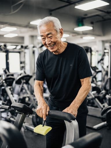 이 이미지는 60대 건강한 아시아 남성이 편안한 운동복을 입고 현대적인 피트니스 센터에서 운동 기구를 청소하는 모습을 보여줍니다. 밝고 쾌적한 환경이 그의 긍정적인 에너지와 활동적인 라이프스타일을 강조합니다.