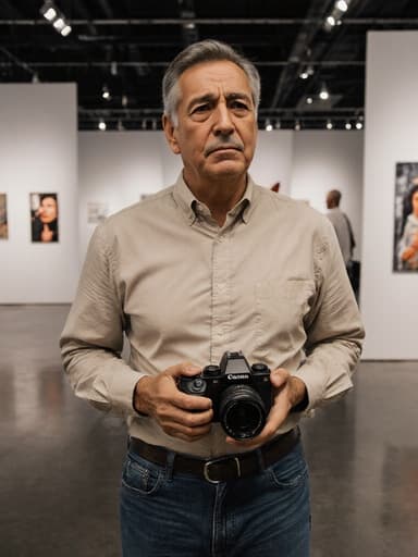 40대 혼혈 남성이 편안한 셔츠와 청바지를 입고 걱정스러운 표정을 짓고 있는 반신 샷입니다. 그는 카메라를 들고 사진 전시회가 열리고 있는 현대적인 전시실에서 촬영 준비를 하고 있는 모습입니다. 배경의 현대 미술 작품들이 창의성과 깊은 생각의 분위기를 더해줍니다.