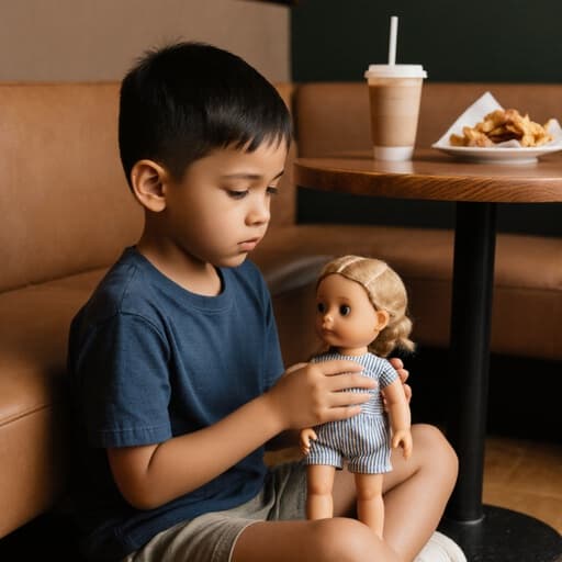 7세 혼혈 남자아이가 아늑한 카페 바닥에 앉아 편안한 티셔츠와 반바지를 입고 인형을 손에 들고 있다. 그는 인형을 바라보며 배고픈 표정을 지어 고민하는 모습이다. 배경은 음료와 간단한 간식이 놓인 테이블이 있는 따뜻한 카페 분위기를 보여 주며, 매력적이고 아늑한 환경을 만들어낸다.