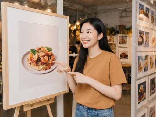 한 초등학생 한국 소녀가 따뜻한 색상의 티셔츠와 청바지를 입고 밝게 웃으며, 음식 사진으로 가득한 아름답게 꾸며진 전시 공간에서 작품을 가리키고 있습니다.