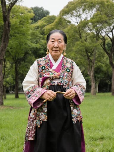 이 이미지는 70대 혼혈 여성의 전신 촬영으로, 전통 한복과 장신구를 착용하고 전통 공예 도구를 들고 점프하는 모습이 아름다운 공원 배경에서 펼쳐지며, 문화적 자부심과 외로움의 느낌이 조화를 이루고 있습니다.