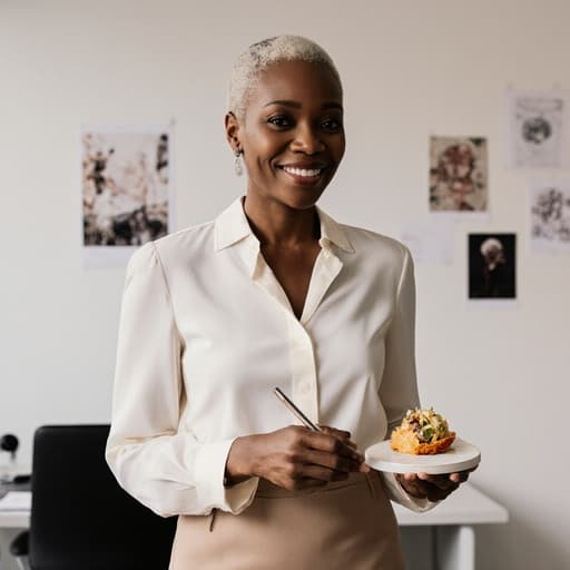 50대 아프리카계 여성의 반신 사진으로, 세련된 블라우스와 스커트를 입고 한 손에는 디자인 영감을 주는 음식을 들고, 다른 손으로는 메모를 하고 있다. 배경은 디자인 관련 자료들이 걸려 있는 현대적인 사무실로, 고급스럽고 창의적인 분위기를 조성하고 있다.