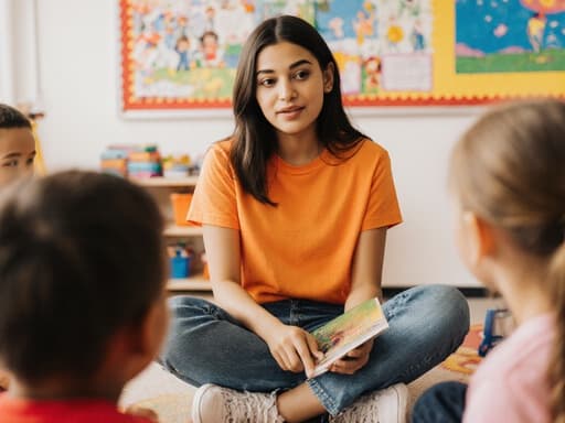 10대 초반의 혼혈 소녀가 아늑한 교실에 크로스 레그로 앉아 밝은 색상의 티셔츠와 청바지를 입고 책을 들고 있으며, 주변의 아이들과 친근하게 대화하고 있습니다. 교실은 교육 자료와 다채로운 아동용 그림으로 장식되어 있어 따뜻하고 초대하는 분위기를 자아냅니다.