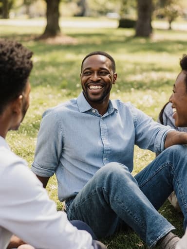 자연스러운 외모를 가진 40대 흑인 남성이 캐주얼한 복장을 하고, 따뜻한 햇살이 비추는 공원에서 동료들과 함께 웃으며 대화하는 모습의 활기찬 반신 사진.