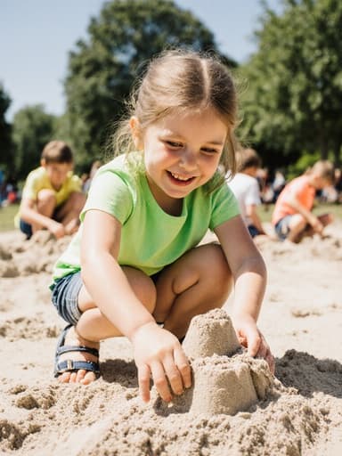 햇볕이 잘 드는 공원에서 모래성을 만들고 있는 7세 백인 소녀의 반신 촬영이 포착되었습니다. 그녀는 밝은 색상의 티셔츠와 반바지를 입고 샌들을 신었으며, 활기찬 표정이 야외에서 노는 즐거움을 표현하고 있습니다. 배경에는 다른 아이들이 모래놀이를 즐기는 모습이 보입니다.