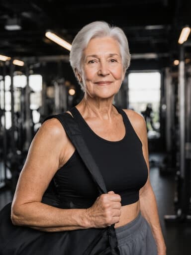 60대 혼혈 여성의 반신 샷으로, 자연스러운 외모를 지닌 그녀는 스포츠 용 상의와 편안한 바지를 입고 스포츠 가방을 어깨에 메고 있습니다. 밝은 운동 시설 배경 속에서 편안한 미소를 짓고 있으며, 운동 기구가 가득한 환경에서 건강하고 활동적인 라이프스타일을 표현하고 있습니다.