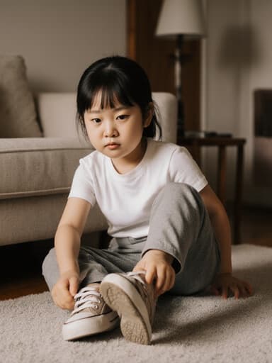 7세 아시아계 여아가 아늑한 거실에 앉아 있는 반신 촬영. 편안한 티셔츠와 팬츠를 입고 신발을 신기 위해 다리를 뻗고 있으며, 지루한 표정을 짓고 있다. 배경은 소파와 작은 테이블이 있는 따뜻한 분위기를 형성하고 있다.