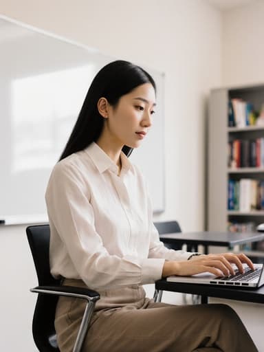 20대 아시아계 여성의 반신 촬영으로, 자연스럽고 지적인 모습을 보여줍니다. 세련된 블라우스와 편안한 팬츠를 착용한 그녀는 현대적이고 세련된 스타일을 나타냅니다. 의자에 앉아 노트북을 바라보며 집중하고 타이핑하고 있는 모습은 온라인 강의 환경에 몰입하고 있음을 보여줍니다. 배경은 화이트보드와 책장이 있는 깔끔하고 정돈된 공간으로, 학문적인 분위기를 강조합니다.
