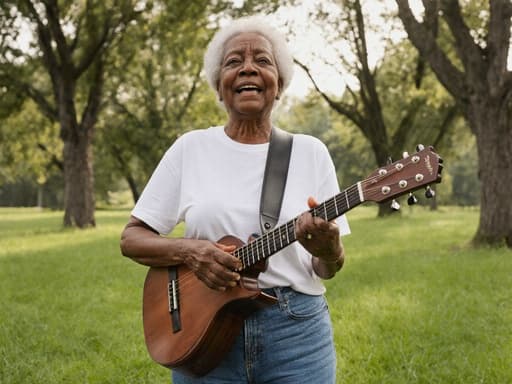 평화로운 공원에서 푸른 잔디와 나무들 사이에 서서 편안한 티셔츠와 청바지를 입고 악기를 들고 있는 50대의 흑인 여성의 반신 사진. 그녀는 피곤하지만 열정적인 표정을 지으며 역동적인 존재감을 드러냅니다.