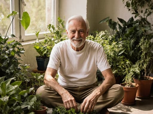 아름다운 실내 정원에 앉아 크로스 레그로 편안한 티셔츠와 작업용 바지를 입고 있는 60대 유럽계 남성의 반신 사진입니다. 그는 자연스러운 외모와 친근한 미소를 지으며 식물과 부드럽게 상호작용하고 있습니다. 이 장면은 평화롭고 초대하는 분위기를 담고 있으며, 푸르른 배경이 그의 다정한 모습을 돋보이게 합니다.