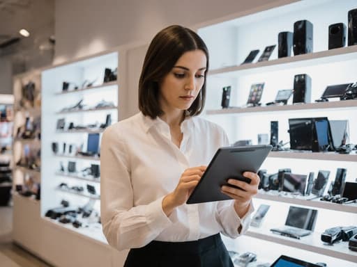 30대 유럽계 여성이 현대적인 블라우스와 슬랙스를 입고, 다양한 전자기기가 진열된 현대적인 전자매장에서 태블릿을 들고 화면에 집중하며 우아한 표정을 짓고 있습니다. 배경은 여러 전자기기로 가득 차 있어 생동감 넘치고 현대적인 분위기를 자아냅니다.