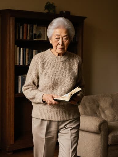 70대 아시아계 여성이 편안한 니트 스웨터와 슬랙스를 입고, 아늑한 거실에서 책을 들고 걸어가는 모습의 반신 사진. 지루한 표정을 짓고 있으며, 소파와 책장이 있는 따뜻한 분위기가 그녀의 캐주얼한 독서 활동을 강조합니다.