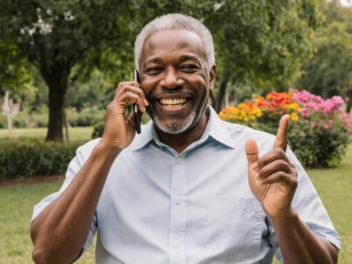 이 이미지는 60대 흑인 남성이 캐주얼한 셔츠와 반바지를 입고 밝게 웃으며 휴대전화로 대화하는 모습의 반신 촬영을 보여줍니다. 그는 푸른 나무와 화려한 꽃들로 둘러싸인 아름다운 공원에서 행복한 분위기를 자아내고 있습니다.