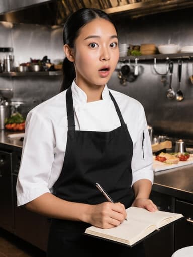 10대 초반 혼혈 여성이 조리복과 앞치마를 입고 노트를 들고 놀란 표정을 지으며 다양한 조리 도구와 재료로 가득한 레스토랑 주방에서 메모를 작성하는 모습.