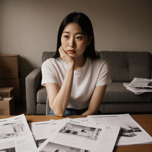 아시아계 20대 여성이 안락한 거실의 회의 테이블에 앉아 편안한 티셔츠와 청바지를 입고, 손으로 턱을 괸 채 가구 조립 설명서를 바라보고 있습니다. 주변에는 조립 중인 가구의 부품들이 흩어져 있어 따뜻하고 매력적인 분위기를 자아냅니다.