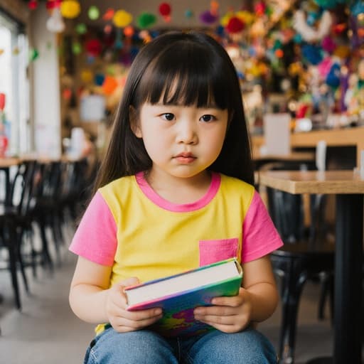 7세 동양인 소녀의 반신 사진으로, 귀여운 외모를 가진 밝은 색상의 티셔츠와 청바지를 입고 있습니다. 그녀는 색색의 책을 들고 지루한 표정을 짓고 있으며, 아늑한 카페의 다양한 장식으로 둘러싸여 있습니다.