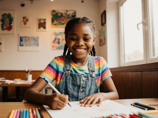 아늑한 카페의 테이블 위에서 컬러풀한 미술 도구로 그림을 그리며 장난스럽게 웃고 있는 7세 흑인 소녀의 반신 사진. 따뜻한 햇살과 예술적인 장식으로 분위기가 한층 더 살아난다.