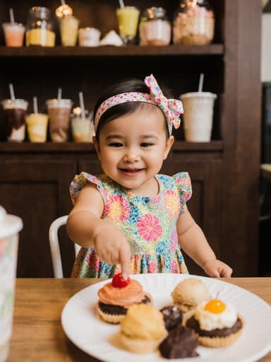 아늑한 카페 내부에서 다양한 음료와 디저트가 진열된 테이블 위의 음식을 가리키며 걷고 있는 사랑스러운 외모의 1세 라틴계 여성 아기가 밝은 색상의 귀여운 원피스와 리본 장식의 헤어밴드를 착용하고 기쁘게 미소 짓고 있는 전체 몸사진입니다.