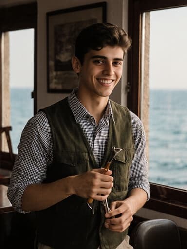 10대 초반의 중동계 남성이 체크무늬 셔츠와 조끼를 입고 반신 촬영을 하고 있습니다. 그는 어부 도구를 들고 약간 기울어지며, 차분한 표정과 자신감 있는 미소로 우아하게 움직이고 있습니다. 배경은 바다 전망이 있는 아늑한 어촌 카페로, 편안한 분위기를 만들어냅니다.