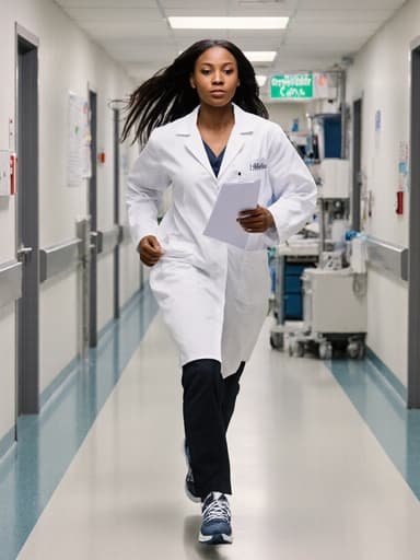 활기차고 자신감 넘치는 10대 후반의 흑인 여성이 의사 가운을 입고 편안한 운동화를 신고 병원 복도를 달리는 모습이 전신 샷으로 포착되었습니다. 한 손에는 의료 서류를 들고 있으며, 그녀의 역동적인 에너지와 일에 대한 열정을 보여줍니다. 배경에는 간판과 의료 장비가 보이는 병원 내부가 포함되어 있어 의료 및 전문성의 주제를 보완합니다.