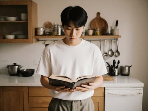 10대 후반의 동양인 남성이 편안한 티셔츠와 바지를 입고, 깔끔한 주방에서 요리책을 읽고 있는 모습이 담긴 반신 촬영입니다. 그는 자연스러운 표정으로 요리에 대한 정보를 얻고 있으며, 다양한 조리 도구와 재료가 놓인 주방에서 요리의 자유로움과 창의성을 전합니다.