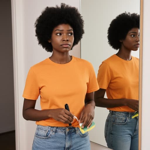 20대 아프리카계 여성이 자연스러운 외모로 밝은 색상의 티셔츠와 청바지를 입고 반신 촬영을 하고 있습니다. 그녀는 벽에 걸린 거울 앞에 서서 청소 도구를 들고 자신의 스타일을 점검하며 약간 당황한 표정을 짓고 있으며, 깔끔하고 현대적인 인테리어의 방이 배경으로 설정되어 있습니다.