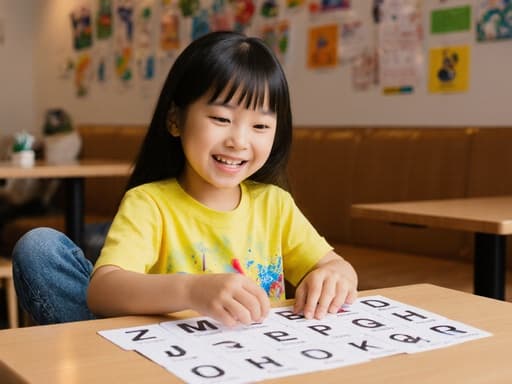 7세 동양인 소녀가 아늑한 카페에서 알파벳을 배우며 즐거운 표정을 짓고 있는 모습의 반신 샷. 밝은 색의 티셔츠와 청바지를 입고, 테이블 위의 알파벳 카드에 집중하며, 벽에는 교육 자료들로 장식된 아늑한 학습 분위기를 연출합니다.