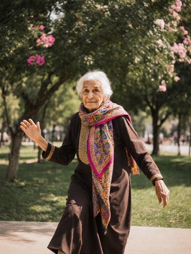 전통 복장을 입고 한 발을 들어 올리며 손을 흔드는 80세 중동계 여성의 전신 사진으로, 나무와 꽃이 있는 아름다운 공원에서 전통 놀이를 즐기는 순간을 포착한 이미지입니다.