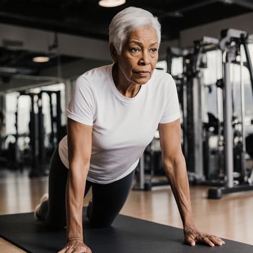 자연스러운 외모의 60대 아프리카계 여성이 반신 촬영으로 포착되었습니다. 그녀는 편안한 티셔츠와 레깅스를 착용하고 운동 매트 위에서 스트레칭에 집중하고 있습니다. 배경에는 다양한 운동 기구가 배치된 현대적인 피트니스 스튜디오가 있어, 웰빙에 대한 그녀의 헌신을 강조하는 활기찬 분위기를 만들어냅니다.