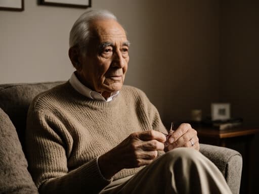 70대 혼혈 남성이 편안한 니트 스웨터와 면바지를 입고, 바느질 도구를 손에 쥐고 다리를 뻗고 앉아 있는 반신 사진. 그는 외로운 표정을 지으며 멀리 바라보고 있으며, 아늑한 거실 배경에 따뜻한 분위기가 느껴진다.