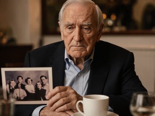 80대 유럽계 남성이 자연스러운 주름과 소박한 외모를 가진 채 아늑한 카페에 앉아 있는 반신 샷. 그는 깔끔한 셔츠와 재킷을 입고 무릎에 손을 얹은 채 가족 사진을 무관심하게 바라보고 있으며, 테이블 위에는 커피 잔이 놓여 있다. 따뜻한 카페의 분위기가 장면을 강조하여 주제와 배경이 조화롭게 어우러진다.