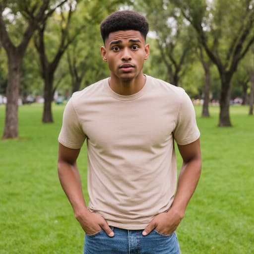 20대 혼혈 남성이 캐주얼한 티셔츠와 청바지를 입고, 당황한 표정을 지으며 양손을 주머니에 넣고 서 있는 반신샷입니다. 배경은 푸른 잔디와 나무가 있는 아름다운 공원으로, 평화롭고 매력적인 분위기를 자아냅니다.