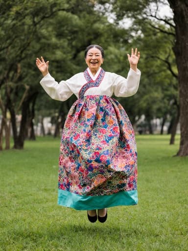 80대 혼혈 여성의 전신 사진으로, 화려한 전통 한복을 입고 즐겁게 점프하고 있는 모습입니다. 푸르고 울창한 공원 속에서 행복과 편안함을 발산하고 있습니다.