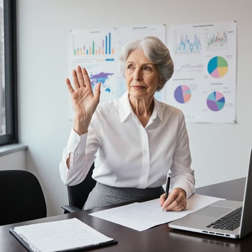 60대 유럽계 여성이 흰색 블라우스와 회색 스커트를 입고 반신 촬영된 모습입니다. 그녀는 중요한 의료 기록을 작성하며 고민하는 표정을 짓고 있으며, 한 손으로는 노트북을 바라보며 인사하는 자세를 취하고 있습니다. 현대적인 회의실 배경에 도표와 그래프가 걸려 있어 전문적인 분위기를 더합니다.