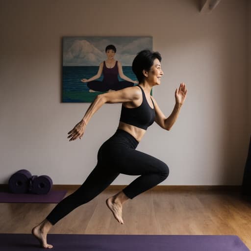 이 이미지는 50대 아시아계 여성이 편안한 요가 복을 입고, 아늑한 스튜디오의 요가 매트 위에서 우아하게 균형을 잡고 있는 모습을 보여줍니다. 부드러운 조명과 요가 관련 그림들이 조화를 이루어 그녀의 우아함과 자신감을 강조합니다.