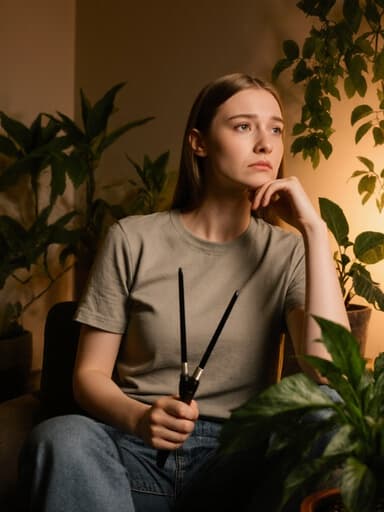 20대 백인 여성이 편안한 티셔츠와 청바지를 입고 식물이 가득한 아늑한 거실 한쪽 구석에 앉아 사색에 잠겨 있습니다. 그녀는 한 손에 식물 관리 도구를 쥐고 다른 손으로 턱을 괴고 있으며, 걱정스러운 표정과 식물에 대한 깊은 우려를 드러내고 있습니다. 따뜻하고 초대하는 조명 아래에서 그 모습이 더욱 돋보입니다.