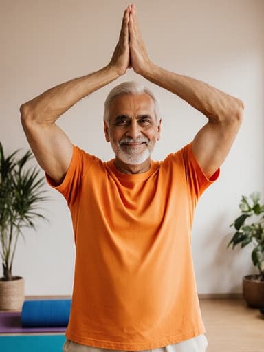 60대 중동계 남성이 아늑한 요가 스튜디오에서 밝은 색상의 요가복을 입고 스트레칭을 하고 있습니다. 따뜻한 미소를 지으며 두 팔을 머리 위로 올리고, 자신의 연습에서 평온함과 기쁨을 나타냅니다.